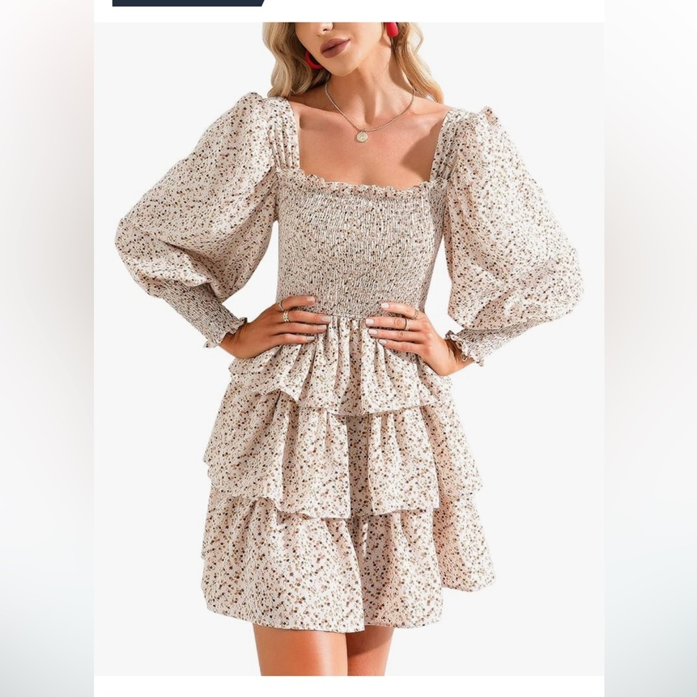Square Neck Ruffle Dress Long Sleeve Floral Print Tiered Tie Back Layered Dress